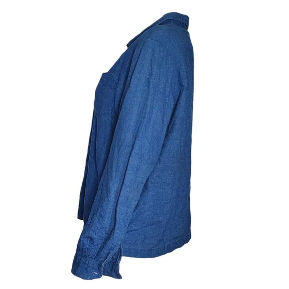 LEMON GRASS Solid All Blue Long Sleeve Button Down Linen Blend Shirt Womens L - Picture 2 of 6